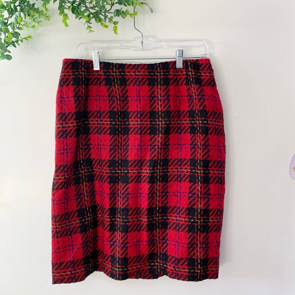 Vintage Tartan Red Plaid Pencil Wool Skirt Kasper ASL 12